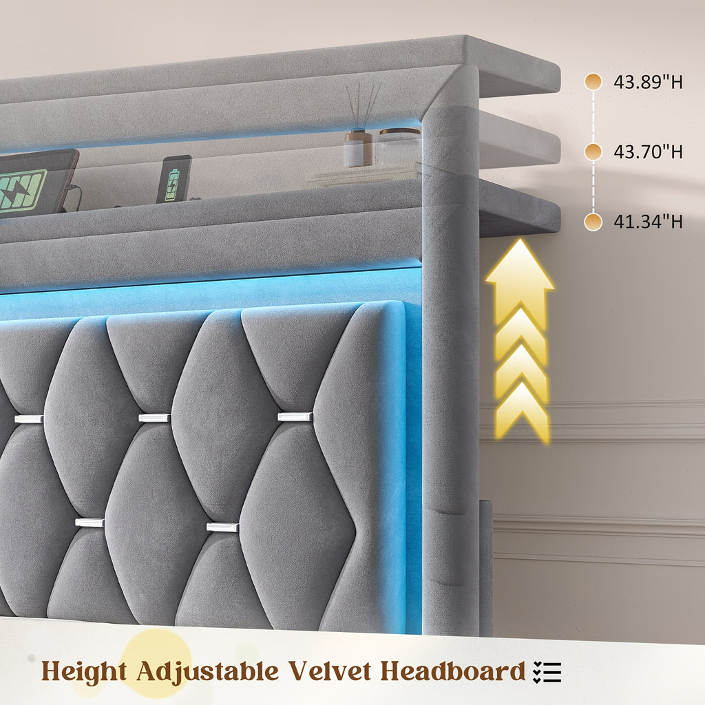 Queen/Full Size Bed Frame With 4 Storage Drawers & Headboard Adjustable, Velvet Platform Bed With LED Lights, Charging Station, Sturdy Wooden Slats Support, No Box Spring Needed, Beige, Grey