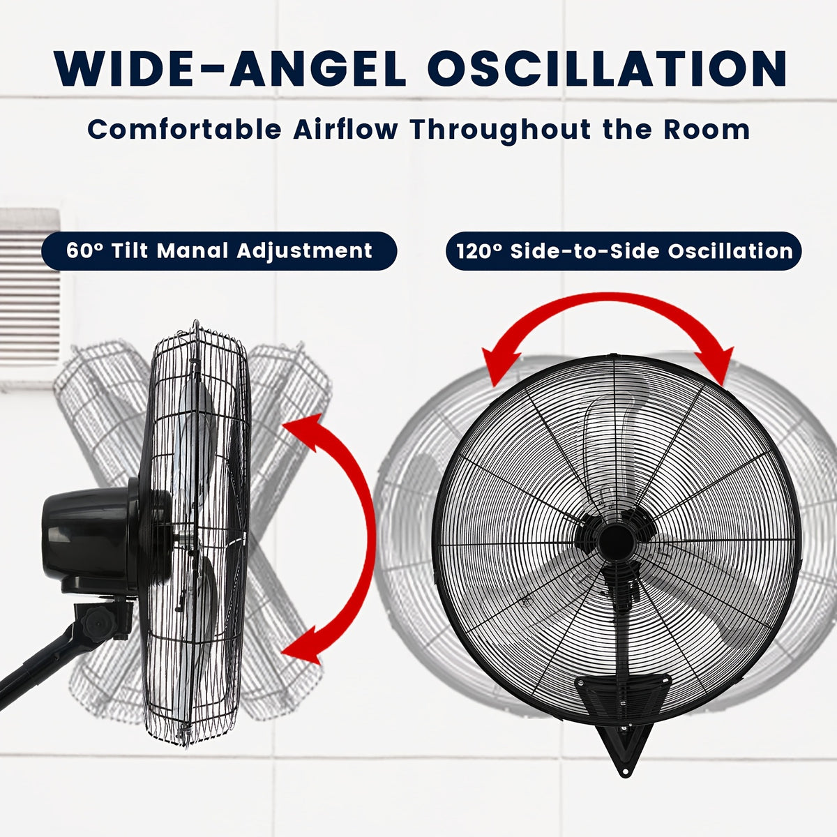 20 Inch Wall Mounted Fan with High-Power Motor, 2pcs Set, 120 Degree Swing, 60 Degree Tilt, And 3-Speed Setting, Durable Industrial Fan Suitable for Industrial Grade Cooling Equipment in Garages, Workshops, Offices, And Homes