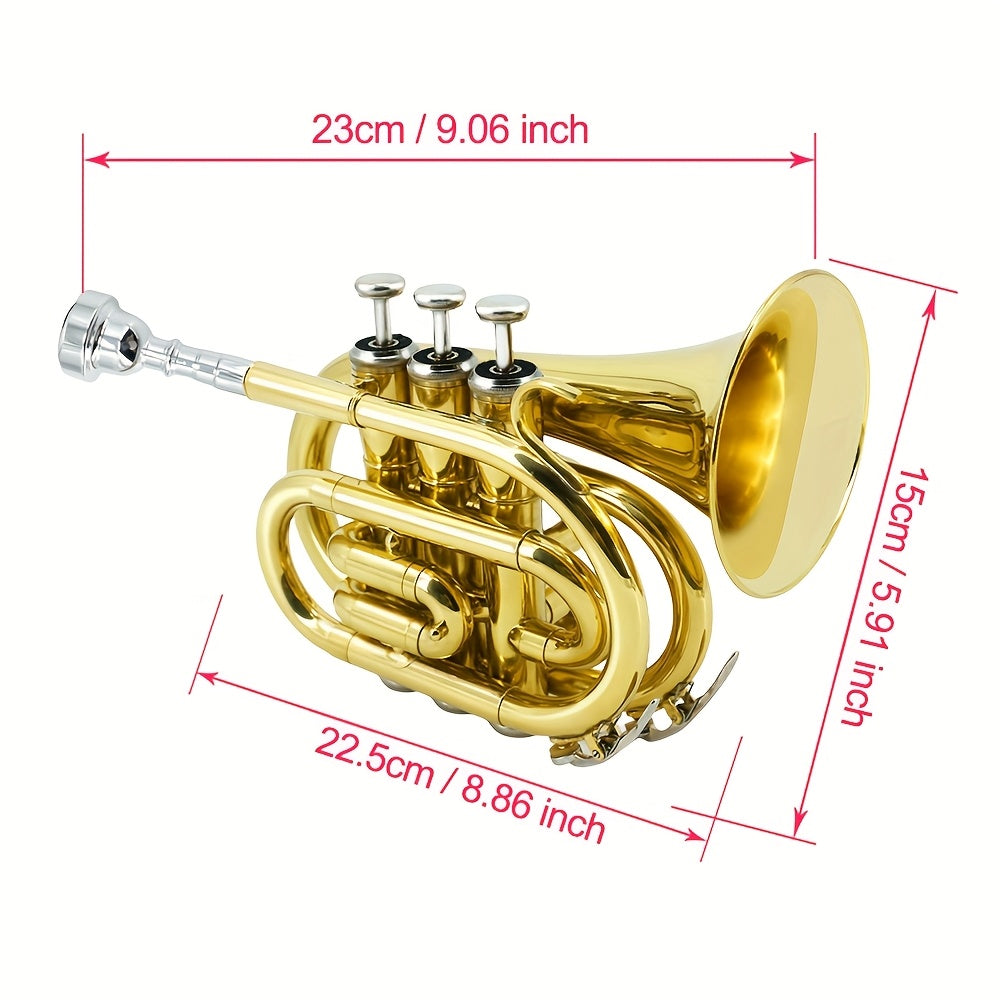 WUQIMUSC Bb Pocket Trumpet Nickel Plated, Brass Beginner Trumpet with 7C Mouthpiece, Case, Cleaning Kit & Gloves Musical Instruments Gift
