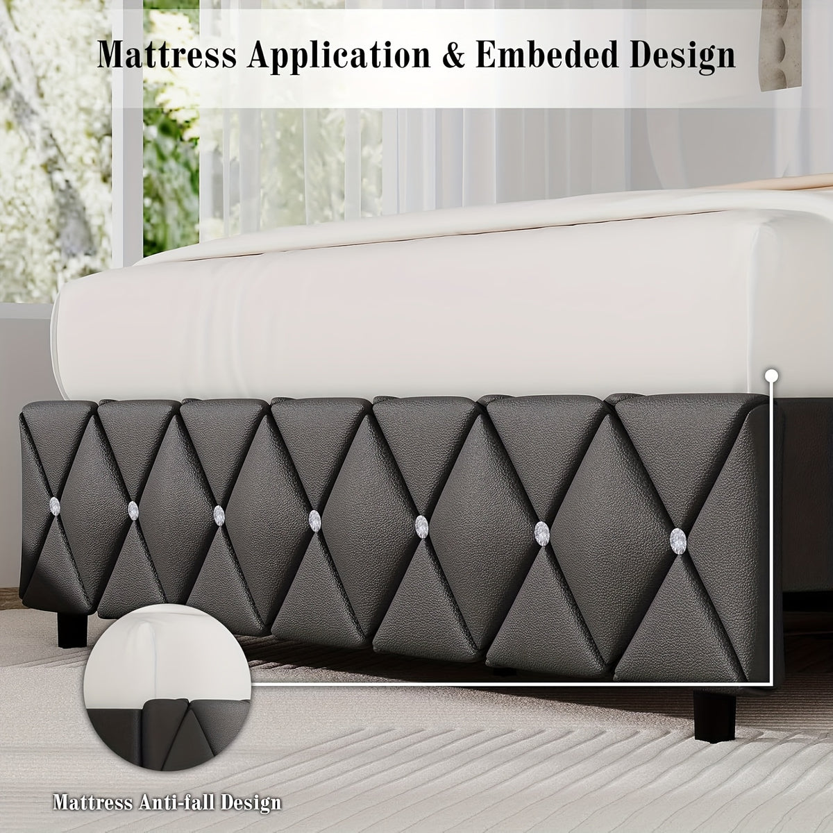 4ever2buy Twin Full Queen King Platform Bed Frame with Upholstered Diamond Headboard, Mattress Foundation with Strong Wooden Slats Support, No Box Spring Needed, Easy Assembly, Valentine's Day Gifts, Pearlized White, Black, Pink, Green, Grey, Beige