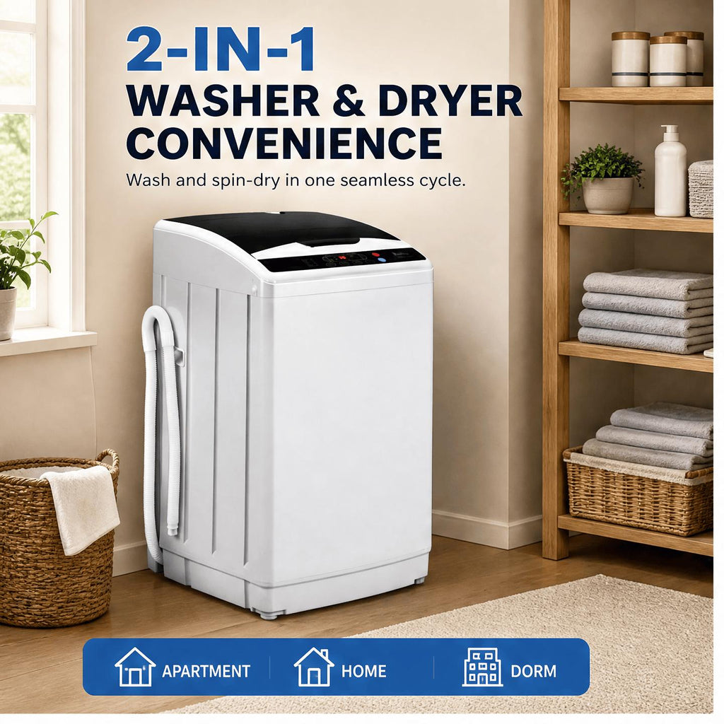 Full Automatic 2 in 1 Top Load Portable Washing Machine and Dryer Combo with Drain Pump 15.6/17.6/17.8/25Lbs Capacity 10 Wash Programs 8 Water Levels Compact Washer Dryer for Apartment RV Camping Small Living Space Travel Outdoor Home Use