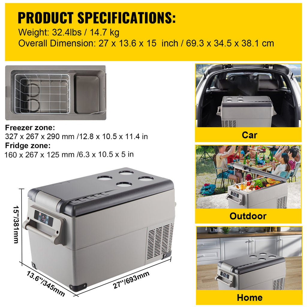 VEVOR Portable Refrigerator 37 Quart (35 Liter), 12 Volt Refrigerator (-4℉~68℉), Car Refrigerator Dual Zone with 12/24v DC & 110-240v AC for Camping, Travel, Fishing, Outdoor or Home Use