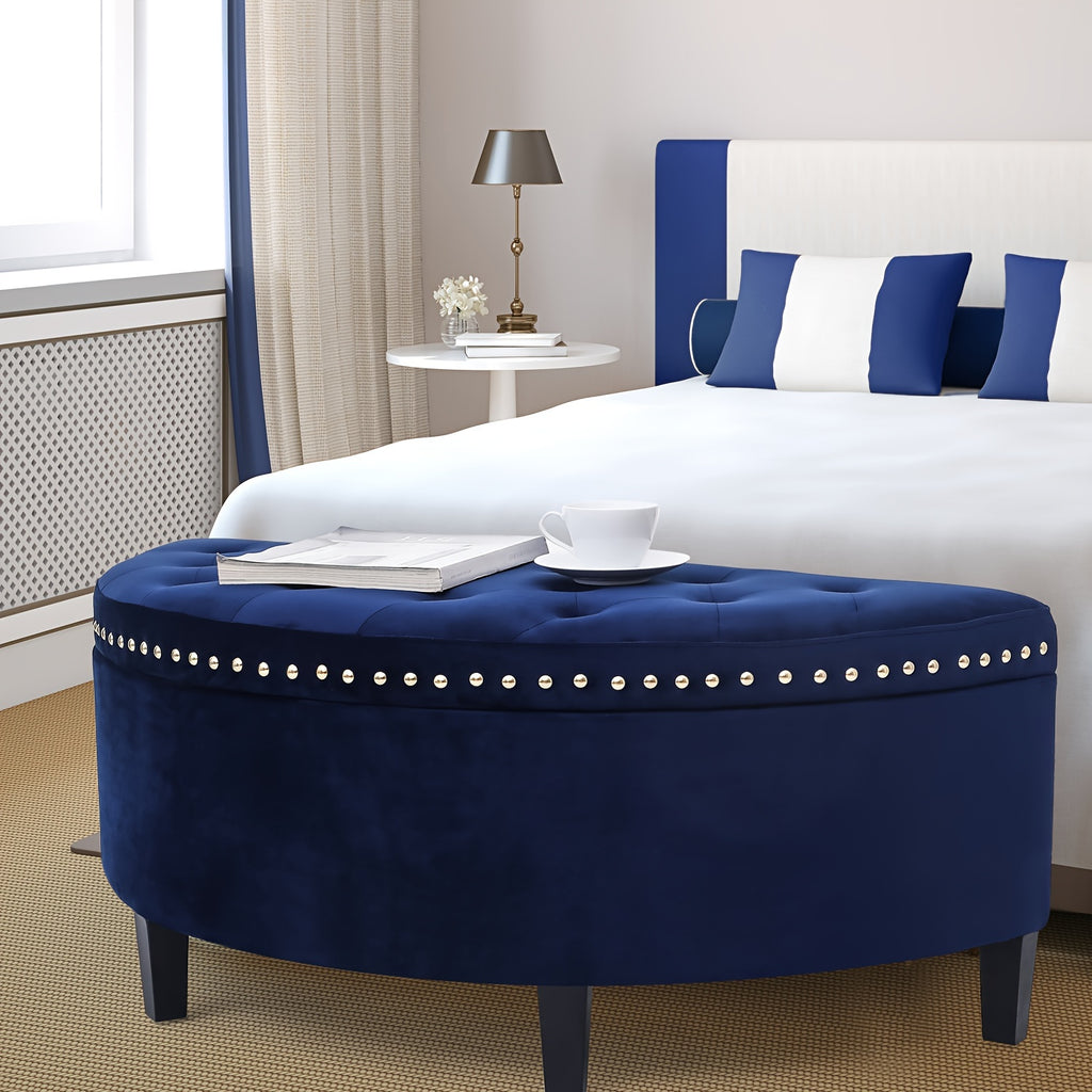 43.5" Velvet Storage Bench with Button Tufting Rivet Details Half Moon Ottoman for Living Room, Bedroom, Or Entryway Sturdy Hardwood Frame, Hidden Storage, Elegant Design, Living Room Seating Elegant Velvet Bench Velvet Upholstery, Bench for Bedroom