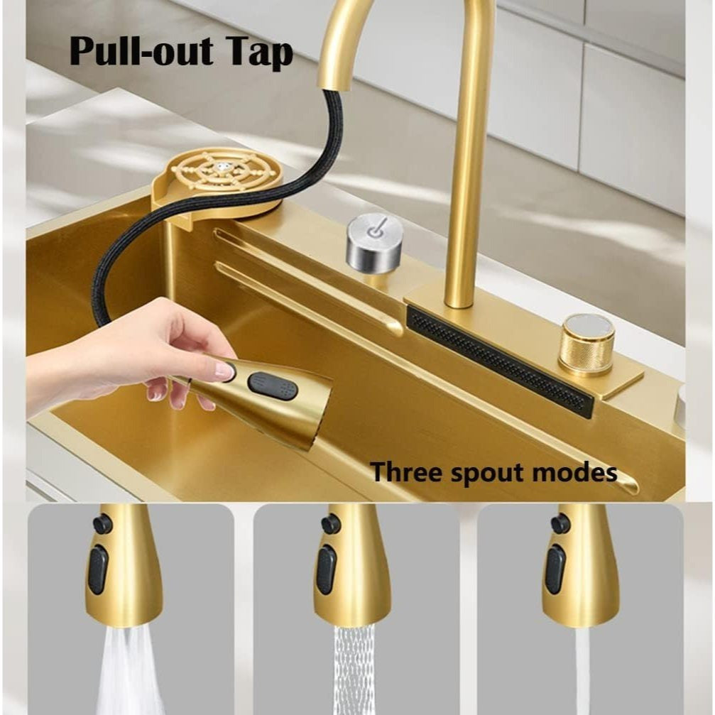 33x22 INCH Gold Flying Rain Drop In Stainless Steel Watefall Kitchen Sink Single Bowl with Pull Down Faucet Set
