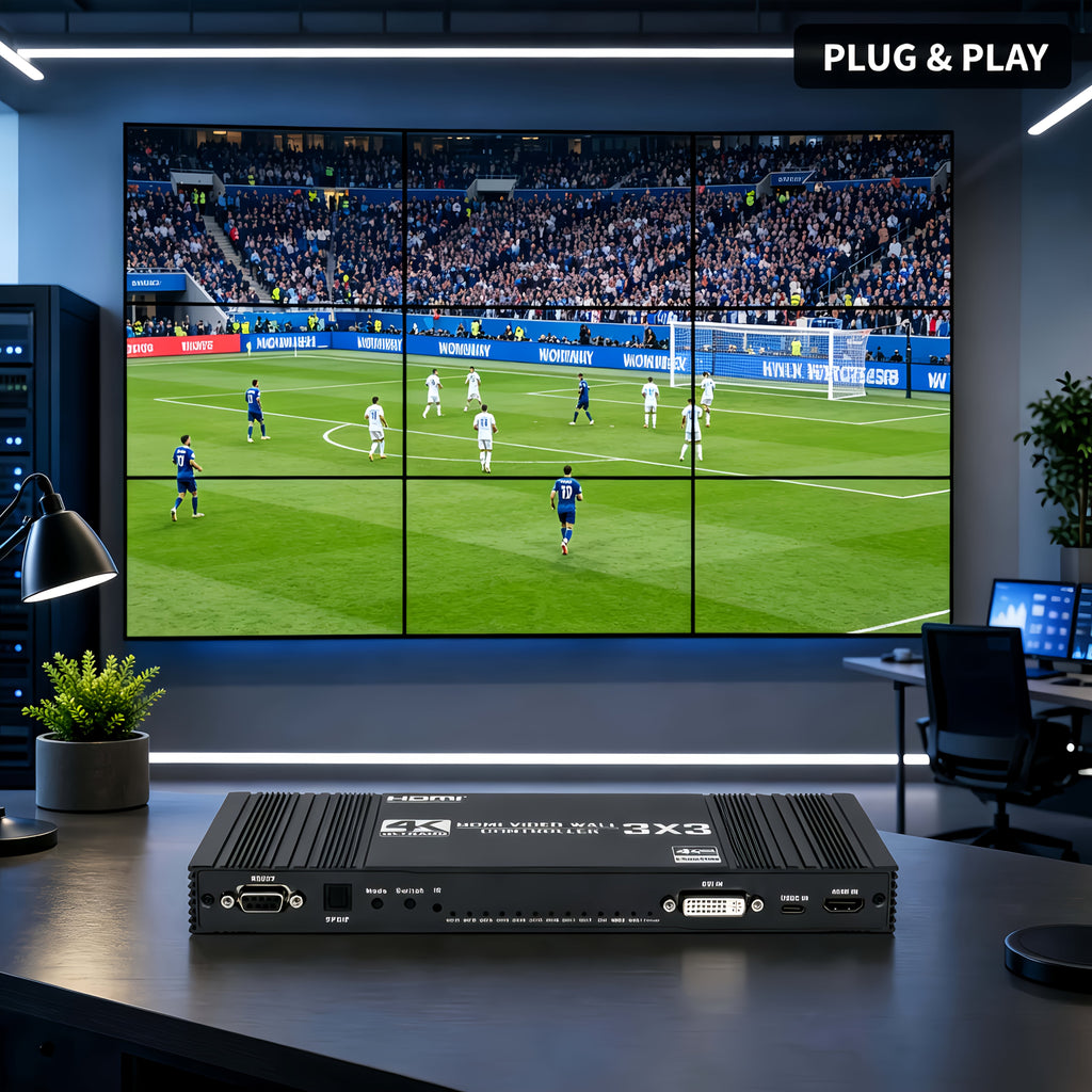 3x3 HDTV Video Wall Controller, 4K@30Hz Input 1080P@60Hz 9 HDTV Output TV Splicer | 17 Display Modes, 90°/180°/270° Rotation, Bezel Fusion, SPDIF 5.1CH Audio Extractor, Plug & Play With IR Remote For Advertising Screen, Home Theate