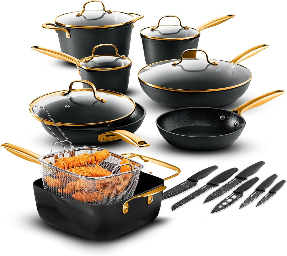 Granitestone Armor Max 20 Pc Hard Anodized Pots and Pans Set Non Stick, Induction Cookware Sets, Anodized Cookware Sets, Nonstick Cookware Set with Knife Set and Deep Fryer, Oven & Dishwasher Safe