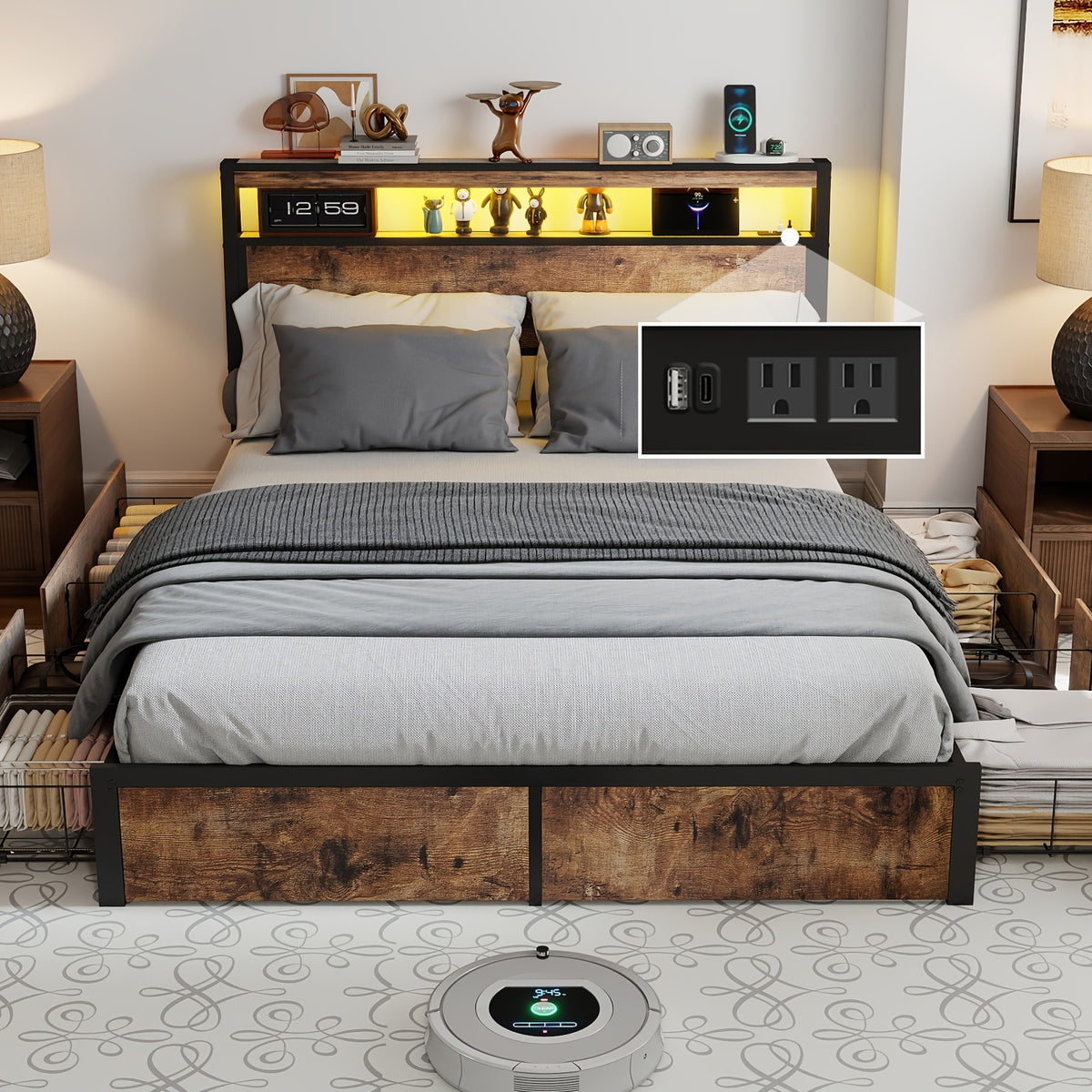 Full/Queen/King Size Bed Frame with 4 Storage Drawers, Metal Platform Bed with LED Lights & Charging Station, 2-Tier Wood Headboard, 800 LBS Capacity, Noise-Free, No Box Spring Needed, Vintage Brown Finish