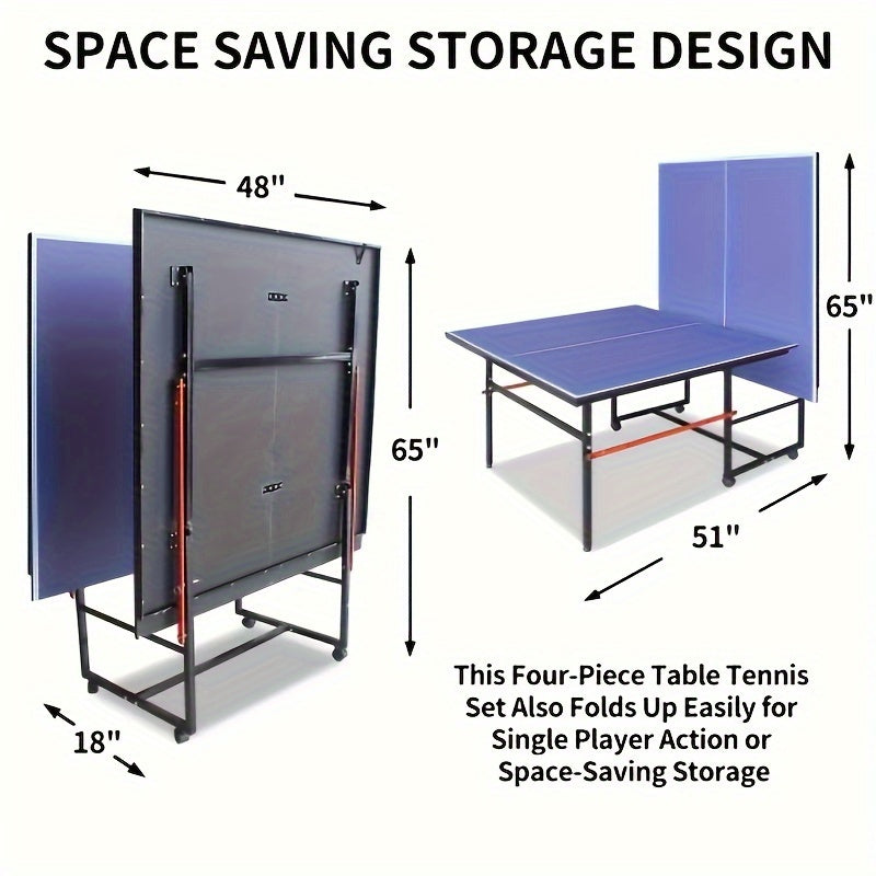 8 Ft Folding Rolling Table Tennis Table Regulation Ping Pong Table with 2 Paddles 2 Balls 1 Net And Post Set Fold-Up Design 4 Wheels for Easy Movement, BLUE
