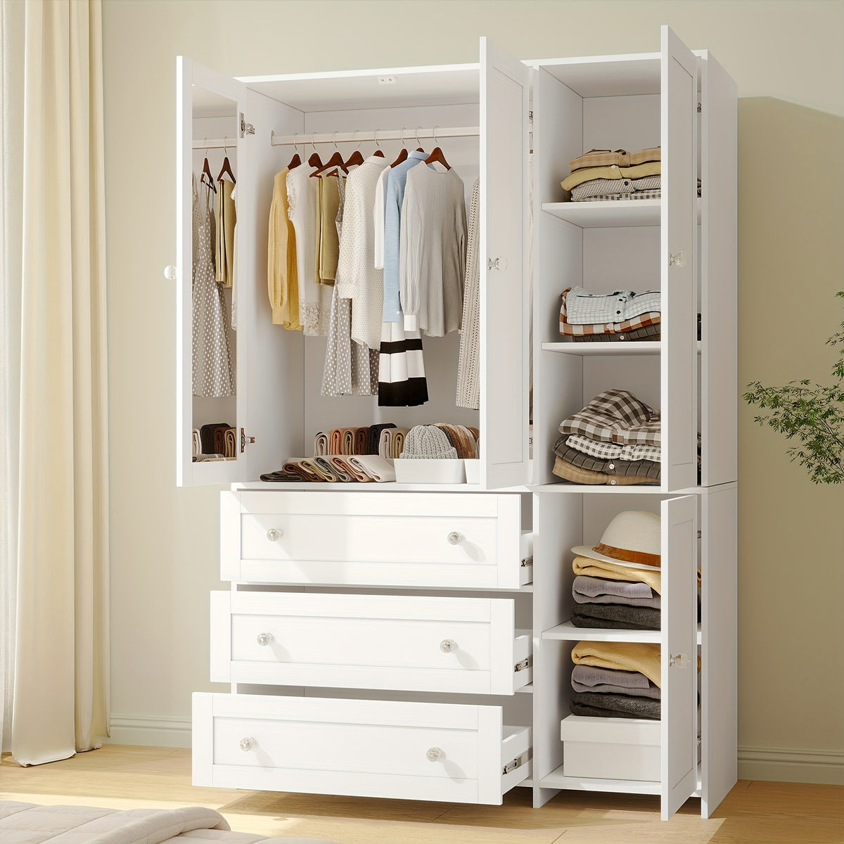 31.5"/47"/63" Large Wardrobe Armoire Closet with Hanging Rod, Mirror And Doors, Drawers & Shelves, for Bedroom