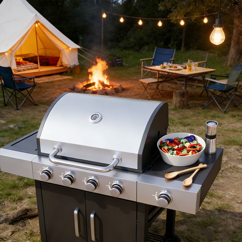 Upgraded 44000-49000 BTU 4-1 Burner Propane Gas Grill with Side Burner, Top thermometer, Outdoor BBQ Grill with Cast Iron Grates & Side Tables, 625 sq.in. Large Grilling Space for Summer Parties, Ideal for Backyard Patio & Camping, Black
