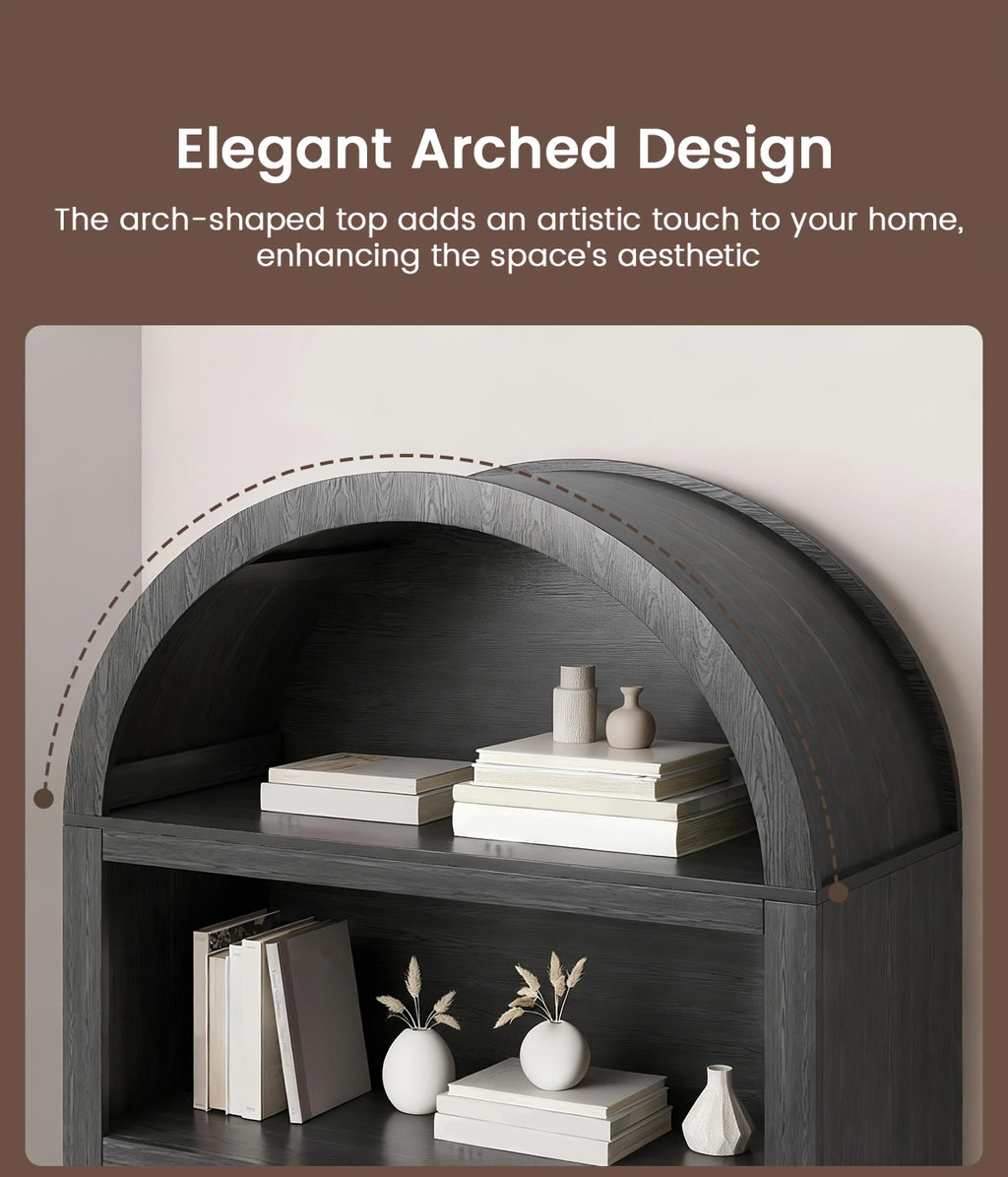 68.9" Arched Display Bookshelf Cabinet - 5-Tier Open Storage Shelf, Freestanding Tall Bookcase for Living Room, Dining Room Or Office (Multiple Finishes)