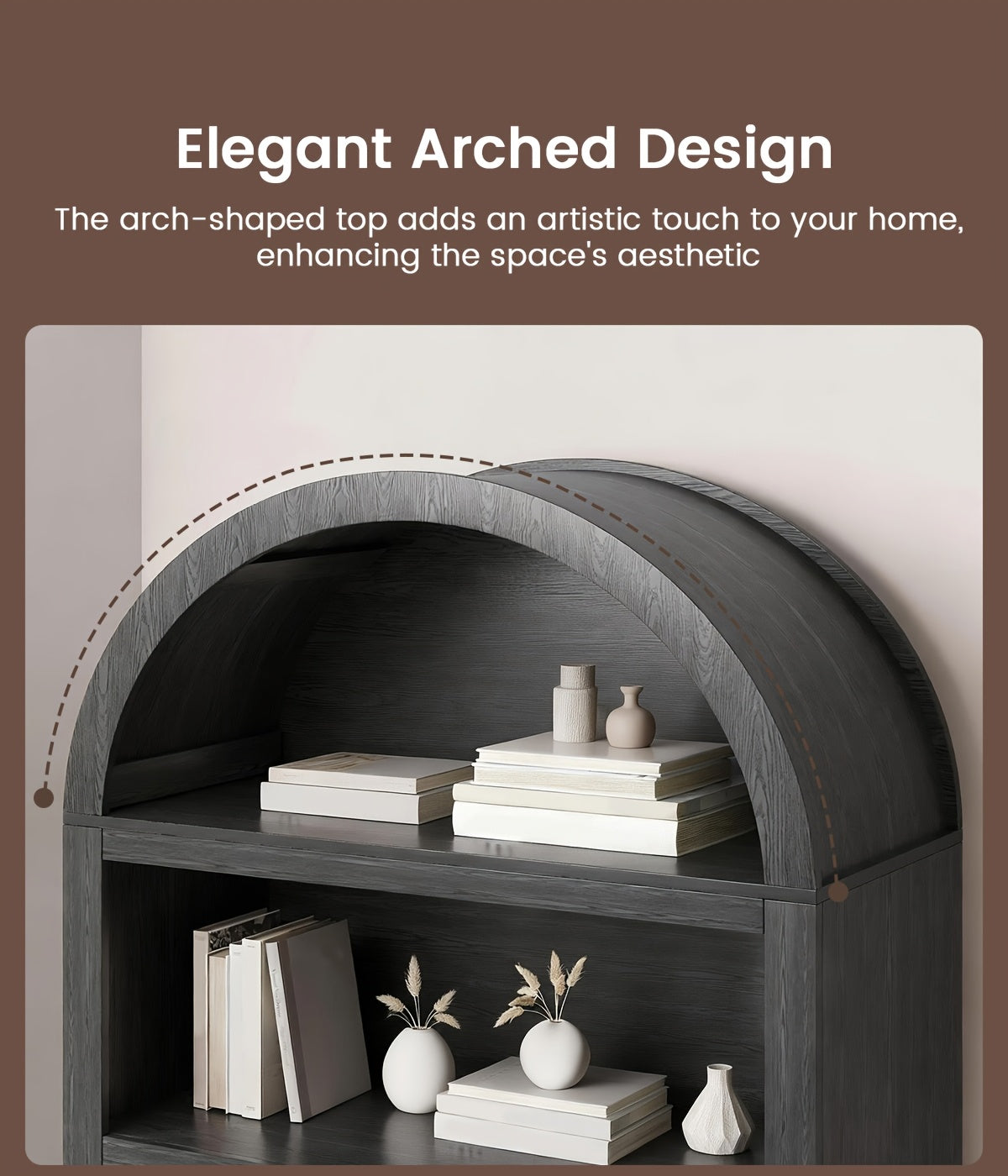 68.9" Arched Display Bookshelf Cabinet - 5-Tier Open Storage Shelf, Freestanding Tall Bookcase for Living Room, Dining Room Or Office (Multiple Finishes)