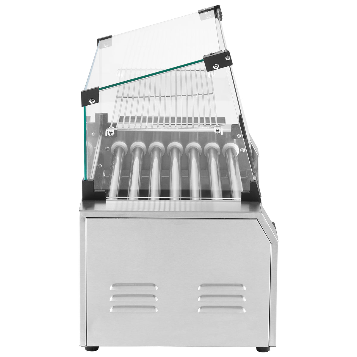VEVOR Hot Dog Roller 5 Rollers 12 Hot Dogs /7 Rollers 18 Hot Dogs Capacity, Stainless Sausage Grill Cooker Machine with Dual Temp Control Glass Hood Acrylic Cover Bun Warmer Shelf Removable Oil Drip Tray