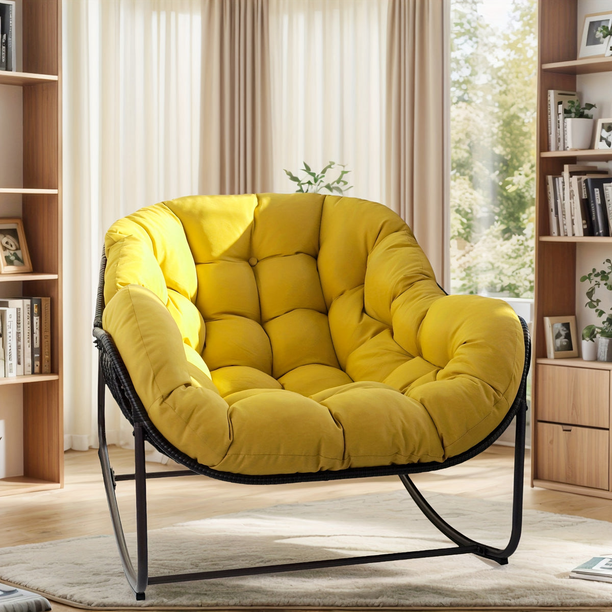 Papasan Rocking Chair Outdoor, All Weather Wicker Papasan Patio Chair with Cushion And Pillow, Heavy Duty Metal Oversized Papasan Rocker Egg Chair for Garden, Patio