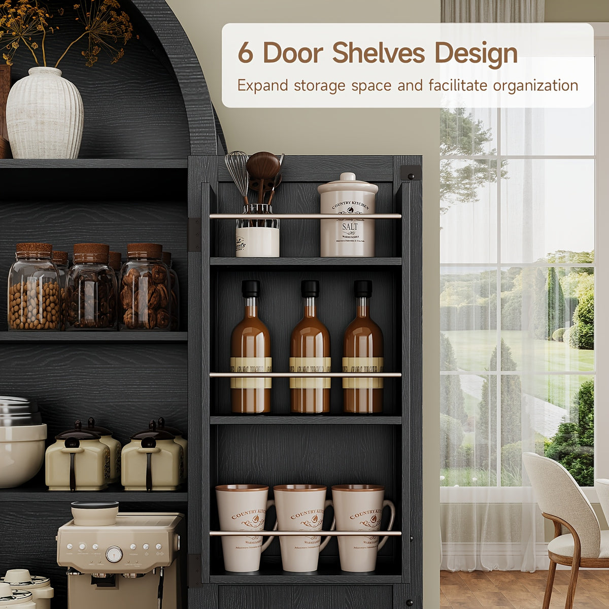 PAZCASA 71" Tall Arched Kitchen Pantry, Storage Cabinet with 2 Pull-Out Shelves, 6 Door Shelves, Organizer, Freestanding Modern Versatile Cupboard for Kitchen, Dining Room, Black/Natural