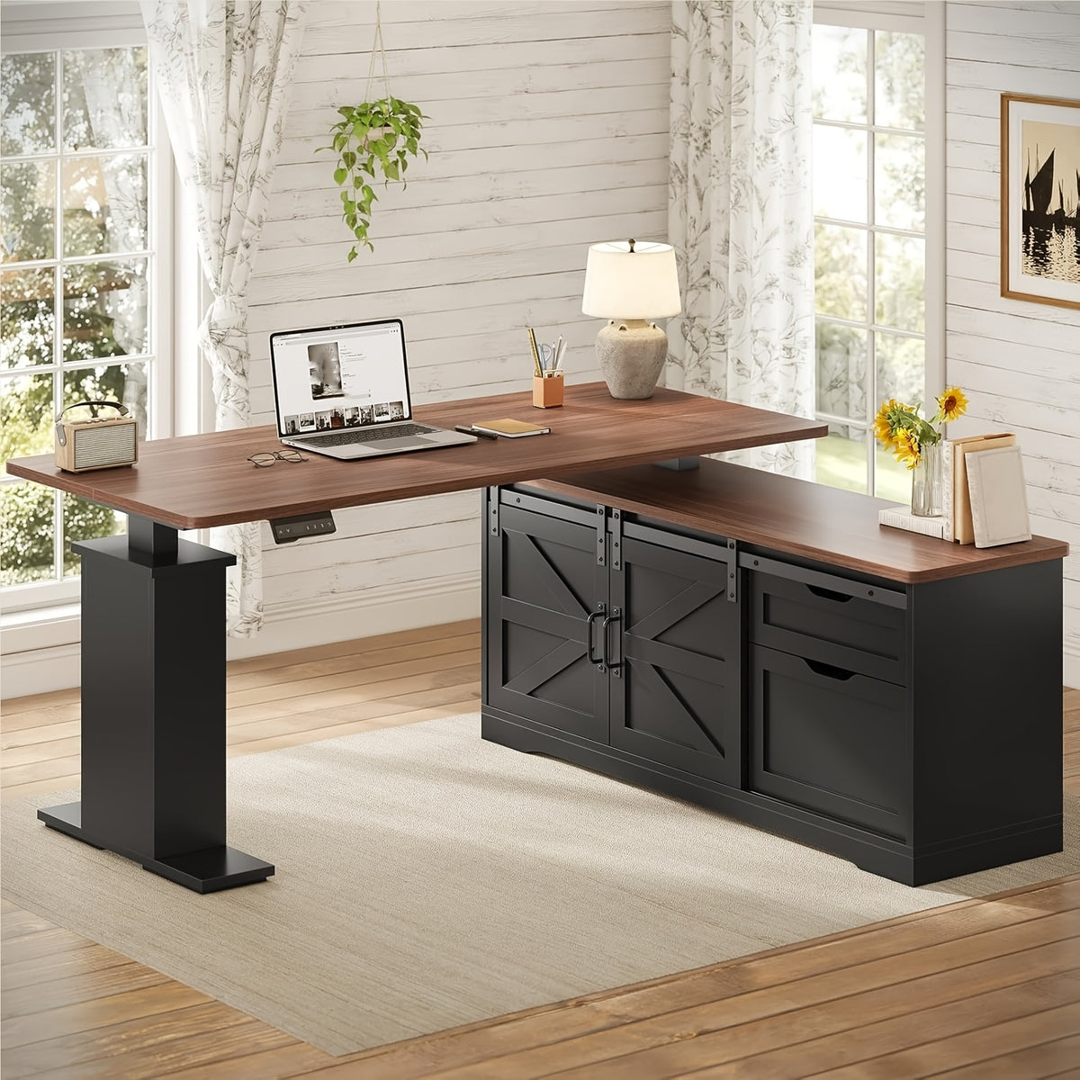 Farmhouse L-Shaped Standing Desk, 55" Computer Desk with 2 Storage Drawers, Height Adjustable Office Desk for Home Office