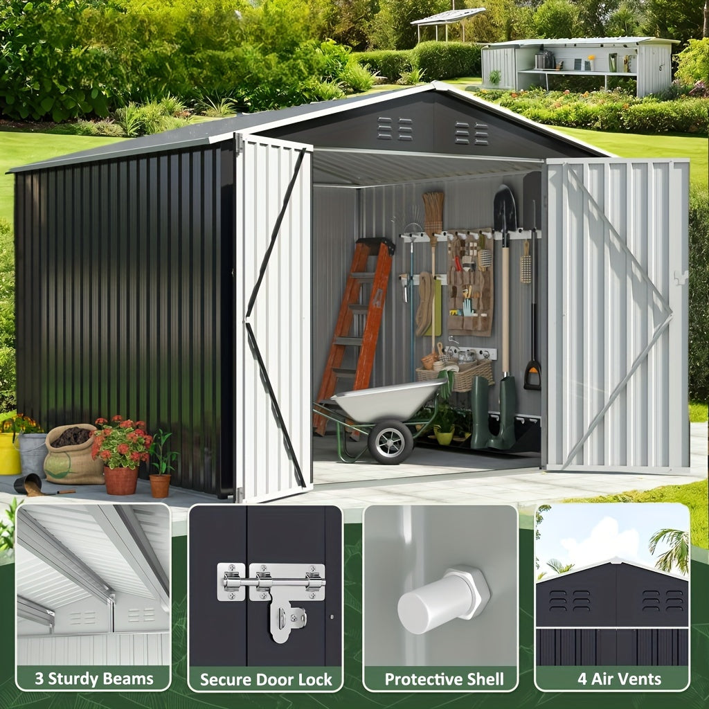 Metal Storage Shed 8' x 8' in Gray with Lockable Doors and Sloped Roof for Backyard Equipment Organization