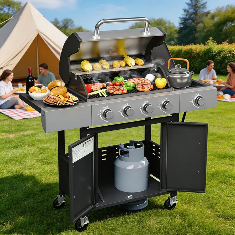 Upgraded 44000-49000 BTU 4-1 Burner Propane Gas Grill with Side Burner, Top thermometer, Outdoor BBQ Grill with Cast Iron Grates & Side Tables, 625 sq.in. Large Grilling Space for Summer Parties, Ideal for Backyard Patio & Camping, Black