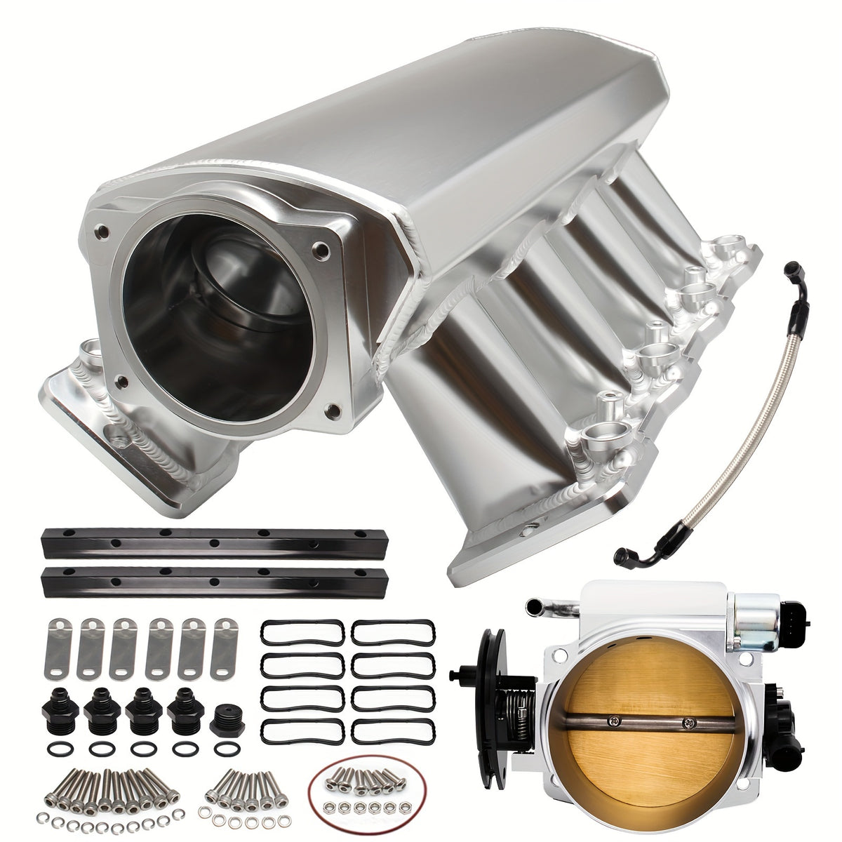 102MM Intake Manifold Kit Including Fuel Rail And a 102Mm Throttle Body Made from Sheet Metal, Designed for a 15° Throttle Opening, Compatible with for CHEVROLET, Chevy, for GMC, And for pontiac LS Series Engines Like LS1, LS2, And LS6 in Black.