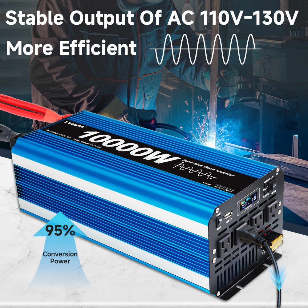 Pure Sine Wave Inverter 10000W (Peak)Car Power Inverter Efficient 12V DC To 110V 120V AC With LCD Display And Remote & Troubleshooting, 4 US Sockets For Vehicles Car Chargers For Home Solar System RV Vans, Without Battery