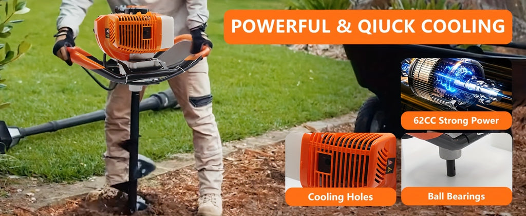 62CC Auger Post Hole Digger, 2 Stroke Gas Powered Earth Post Hole Digger With 2 Auger Drill Bits (6" & 8") + 1 Extension Rods For Farm Garden Plant, Orange (62CC)