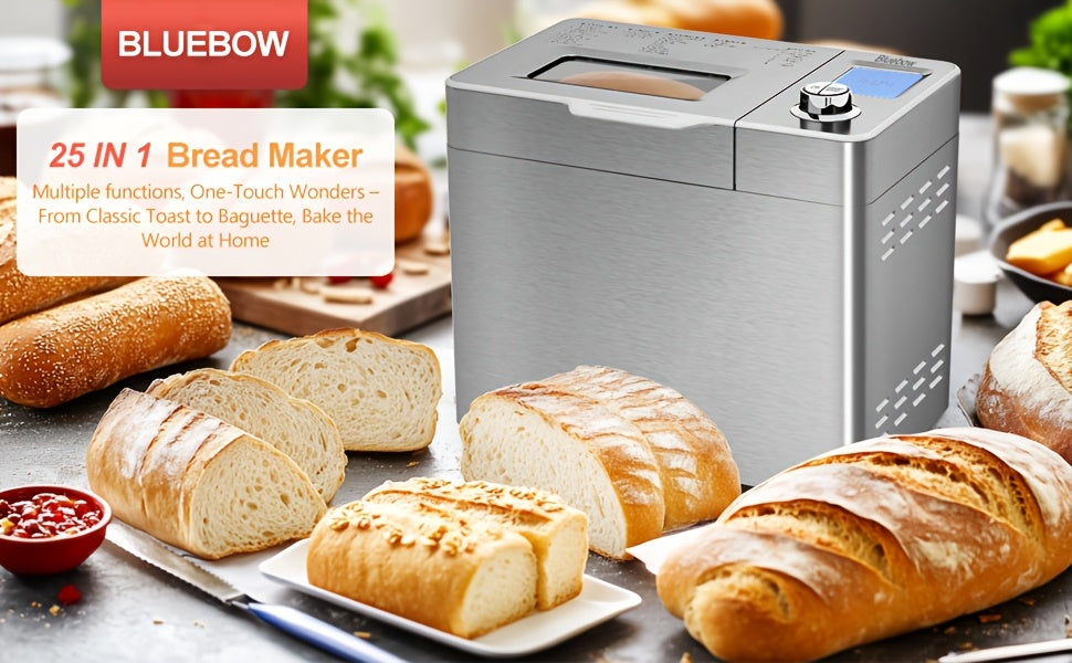 25-in-1 Bread Maker, 2LB Bread Machine With Auto Fruit/Nut Dispenser, Gluten-Free Setting, 3 Loaf Sizes& 3 Crust Colors, Keep Warm&13H Delay Timer, Digital Display, Stainless Steel