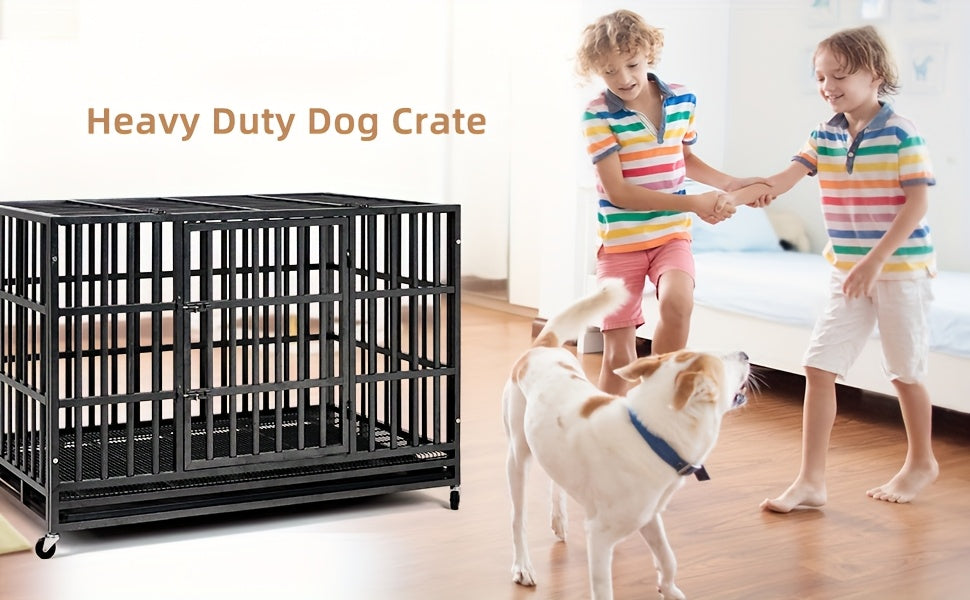 48inch Extra Large XXL Heavy-Duty Dog Crate - Double Door, Escape-Proof, Wheels, Removable Tray - Easy Cleaning Design For Large Breeds