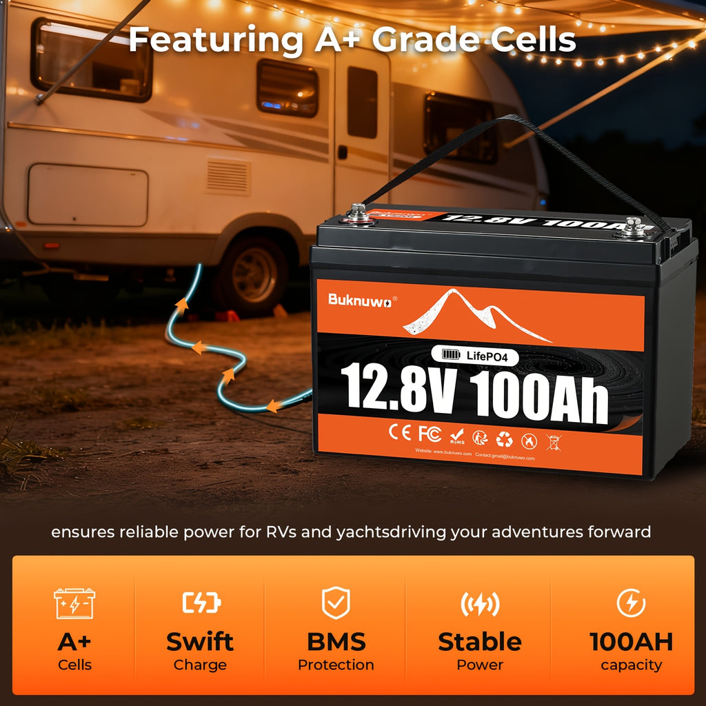 [12V 100Ah LiFePO4 Battery] Buknuwo 12V 100Ah Lithium LiFePO4 Battery, Low Temp Protection.Rechargeable LiFePO4 Battery with Up to 15000 Deep Cycles, Built-in 100A BMS for Camper, Solar Systems, Boat, (Group 31)