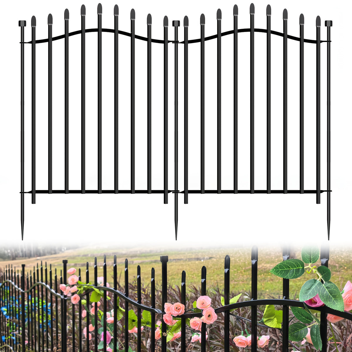 [3D] 8/10 Panels No Dig Decorative Garden Fence with Gate - 32/40in H, Tall Heavy-Duty Square Tube Animal Barrier, Rustproof Dog Fence for Outdoor Yard & Patio Protection