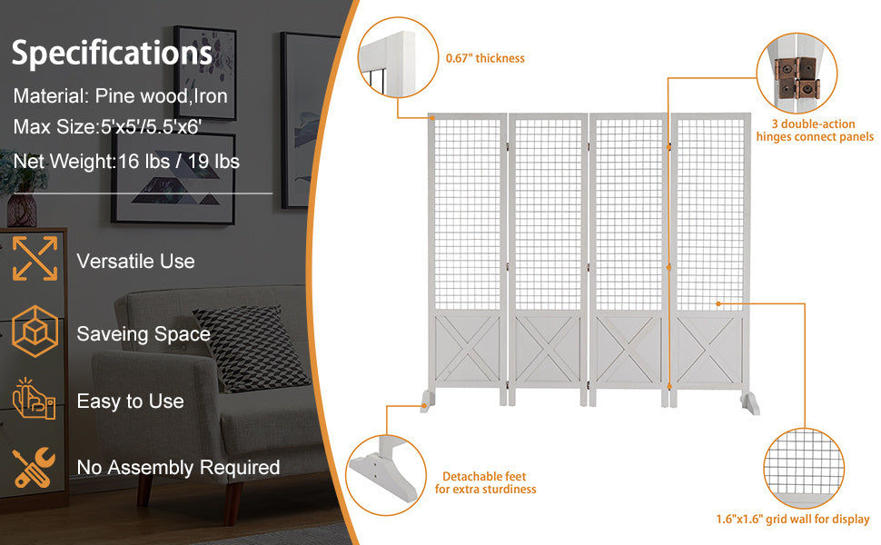 VINGLI Room Divider Freestanding Grid Wall, 4 Panel Folding Display Board Organizer with Base Feet, Decorative Wooden Frame Wire Grid Screens for Craft Shows Events Retail