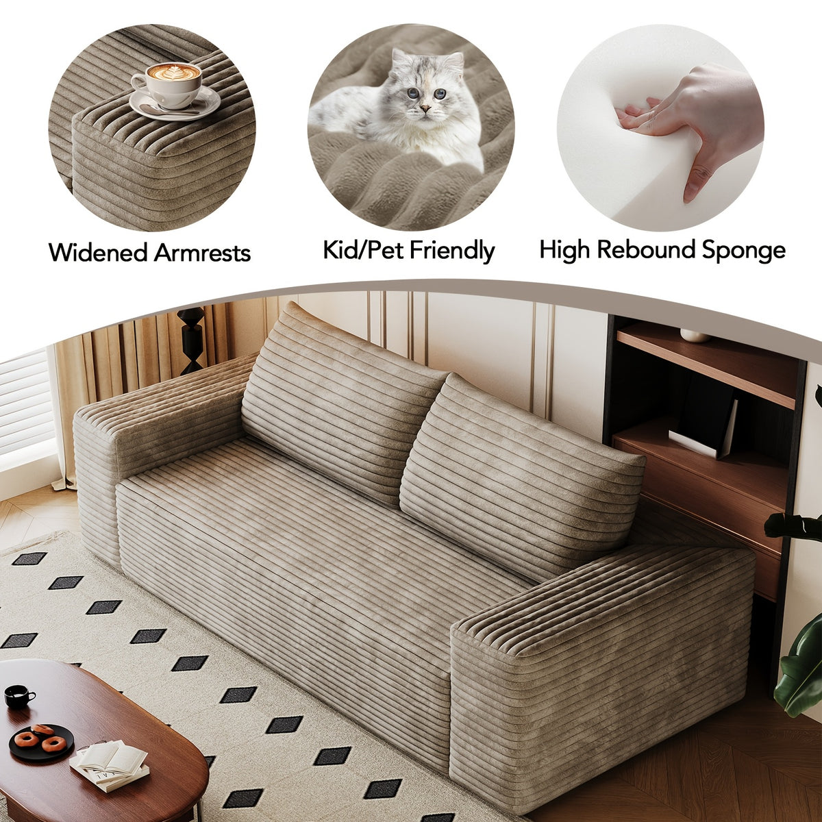 Boneless Sofas for Living Room, 71" Modern 2-Seater Sofa with Deep Seat, Comfy Cloud Sofa with Corduroy Fabric, No Assembly Couch, Loveseat Sofa for Bedroom, Dorm