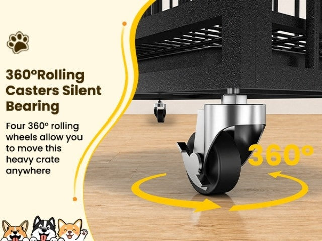 [Indoor Dog Crate] Heavy Duty Simple Version Round Pipe Iron Dog Crate, Indoor Double Door Dog Crate With Wheels With Removable Tray