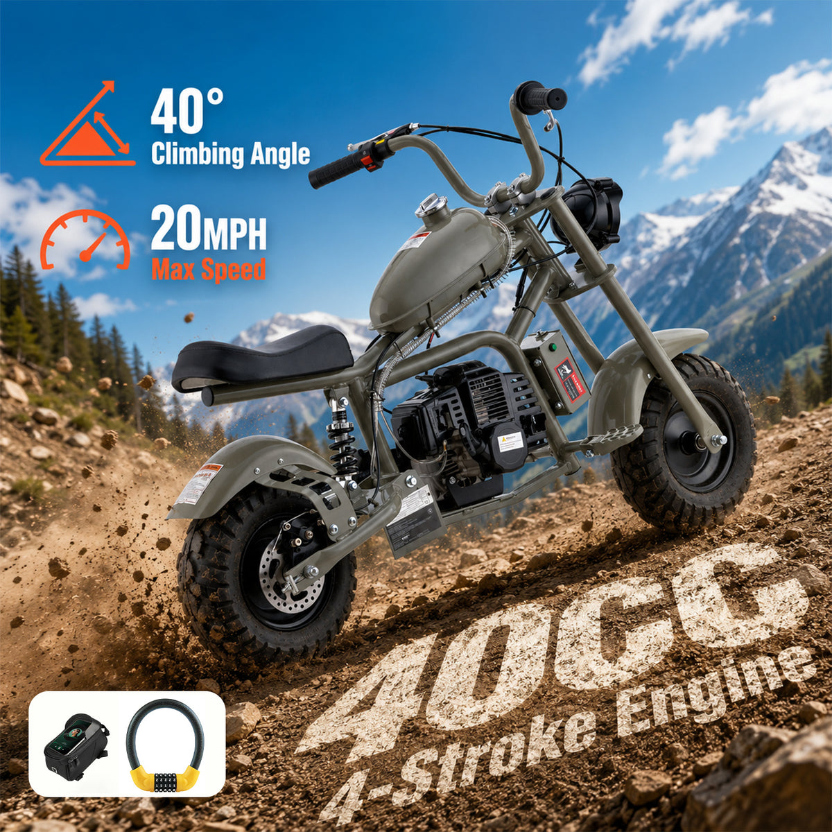 Gas Mini Chopper Bike, DB003 Model 40CC4-Stroke Dirt Bike with Big Headlight, Rear Shock Absorber, Metal Frame, Disc Brakes, Max Load 165Lbs, Up to 20Mph, Product name: gas mini dirt bike, chopper bike
