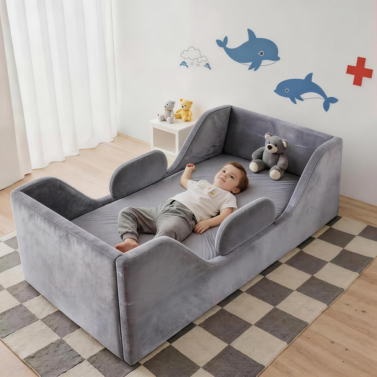 Toddler Floor Bed with Removable Safety Rails And Storage Bag, Kids Bed for Girls And Boys, Standard Crib Size, Safety Upholstered Beds, Low to Floor Design