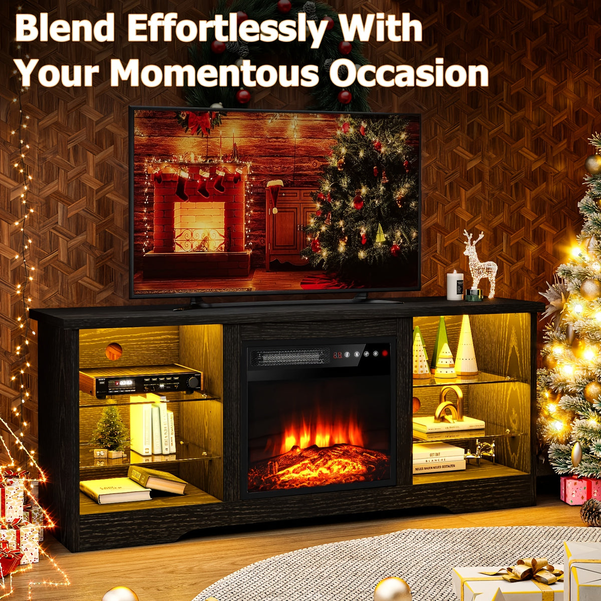 Modern TV Stand with Electric Fireplace - Black Media Console, Adjustable Glass Shelves & Storage Cabinets, Open Shelving, Sturdy Floor-Standing Entertainment Center for Living Room, Compatible with TVs, Gaming consoles, Streaming devices - Easy Assembly