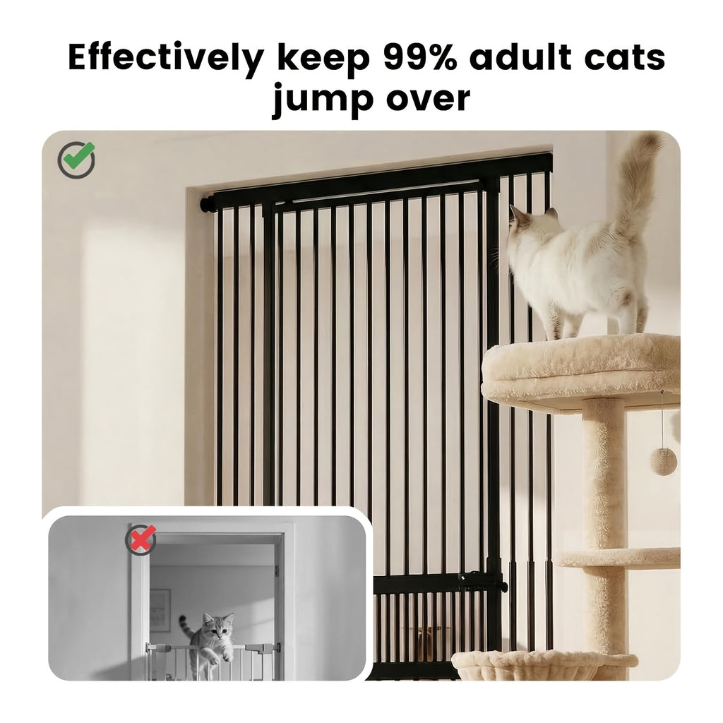 [Adjustable Height & Width] Dog Gate 49"-86" Adjustable Height, Extra Tall Cat Gate for Doorways/Hallways, 27.5"-37" Adjustable Width, Baby Gate with 4 Extensions Kits, No Drilling Pressured Mounted, Black And White