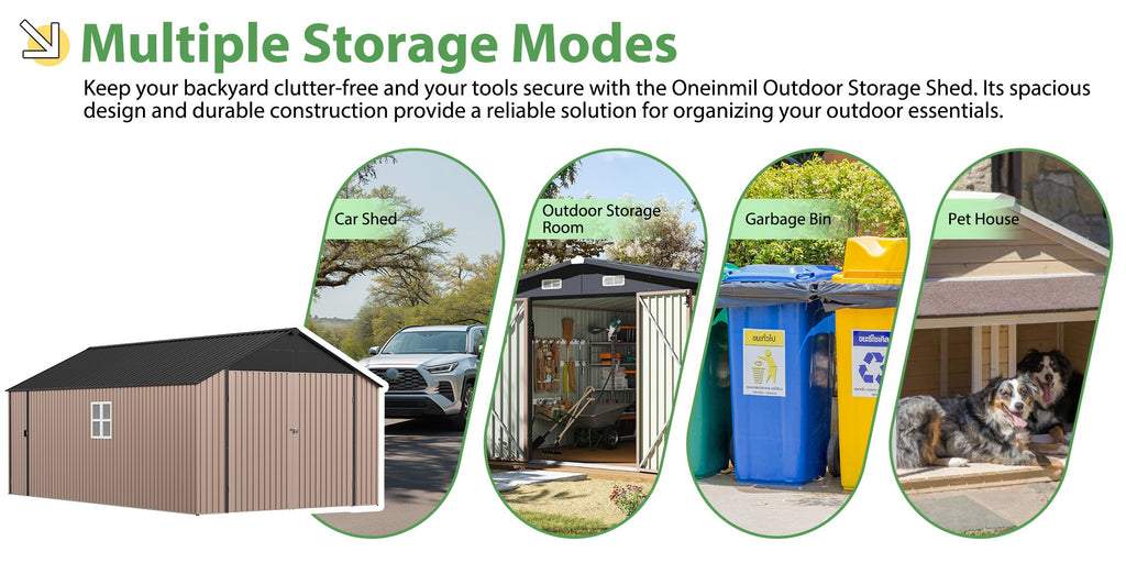ULSMVOC 12X20X9.3/10X12/6X4 FT Metal Storage Shed - Outdoor Garden Shed Kit, Lockable Tool Shed, Backyard Shed with Double Hinged Doors, 4 Windows, Carport for Car, Truck, Bike And Lawn Mower & Equipment, Brown