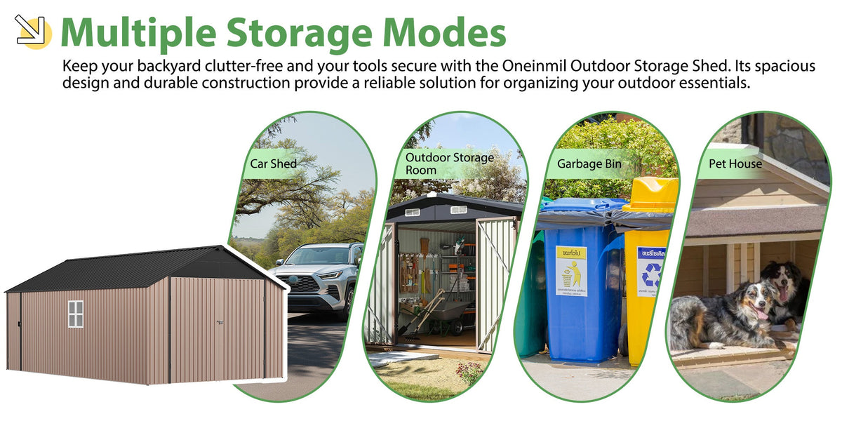 ULSMVOC 12X20X9.3/10X12/6X4 FT Metal Storage Shed - Outdoor Garden Shed Kit, Lockable Tool Shed, Backyard Shed with Double Hinged Doors, 4 Windows, Carport for Car, Truck, Bike And Lawn Mower & Equipment, Brown