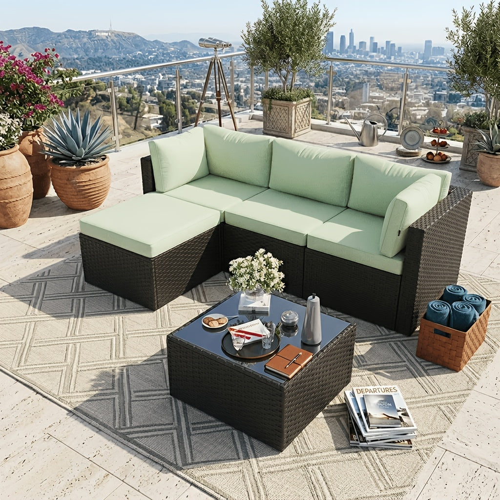 Discount! 5/6pcs L-Shaped Rattan Patio Sofa Set with Cushions, Glass Coffee Table & Ottoman, Perfect for Patio, Backyard, Garden, Balcony, Terrace, Poolside, Porch, Villa Outdoor Areas, Homestays, And Restaurant Outdoor Lounges