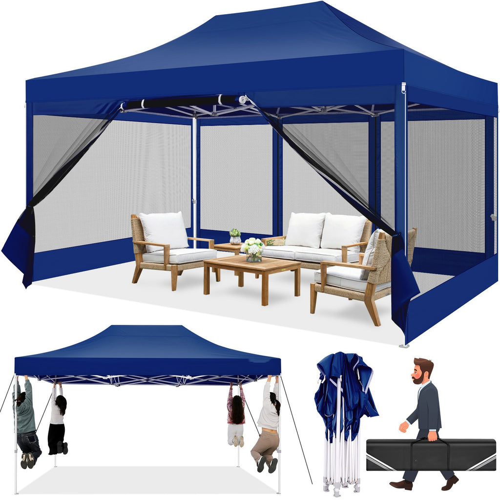 Hoteel 10x15 Heavy Duty Pop Up Canopy Tent with 4 Sidewalls, Commercial Gazebo Party Tent with Mosquito Netting Wall Easy Up Outdoor Instant Screen Tent for Backyard, Beach, Patio, Garden