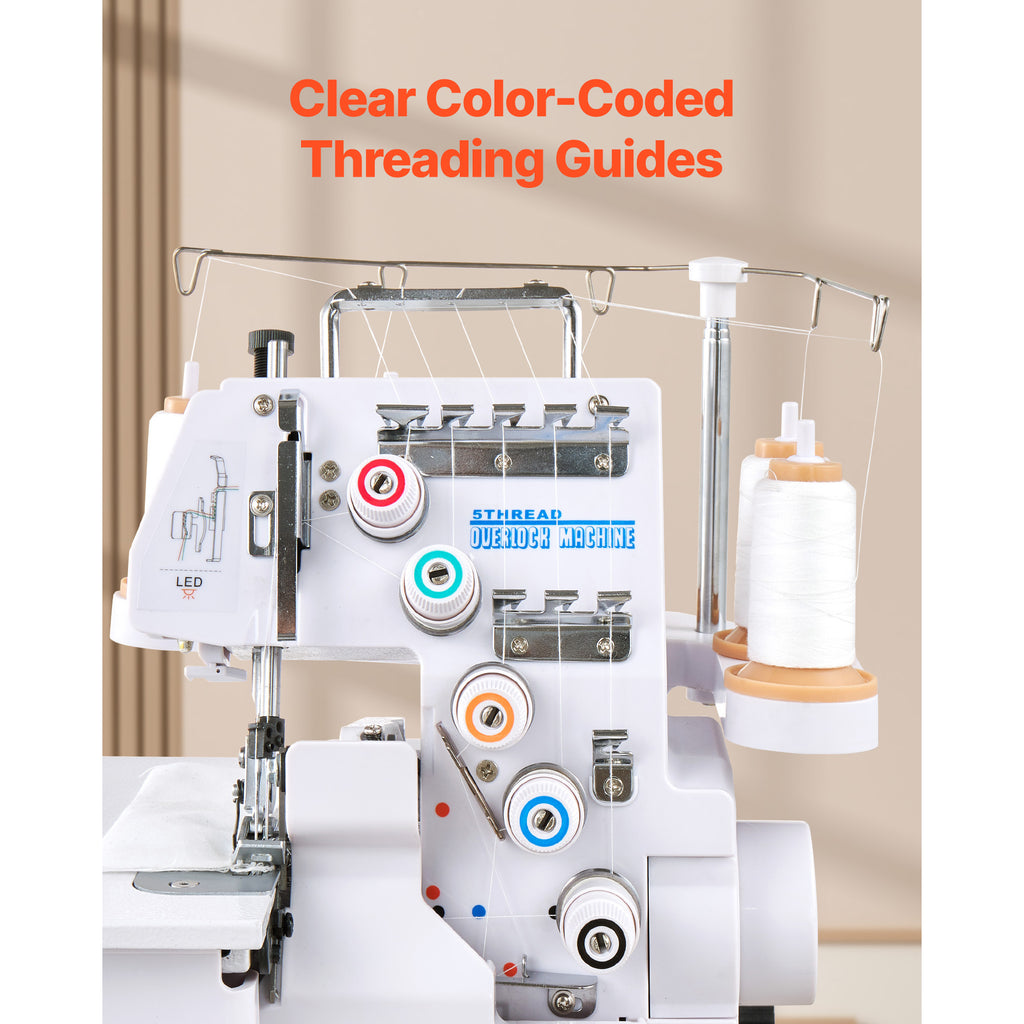 VEVOR Serger Overlock Sewing Machine, 1250 Stitches Per Minute, 2-3-5 Thread Capability, with LED Light and Strong Suction Feet, Heavy-Duty Metal Frame Sewing Machine for Various Fabrics, White