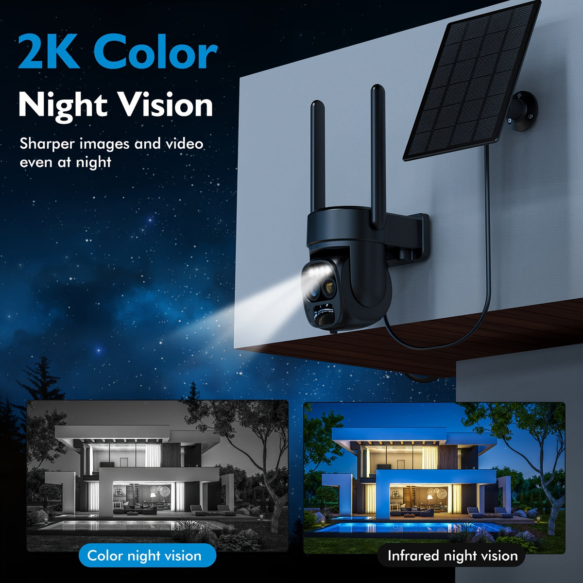 6pcs [10X Zoom] 360-Degree Low-Power Solar Panel Battery 2K FHD Wifi with Spotlight Alarm, Motion Detection, Color Night Vision, Two-Way Audio And
