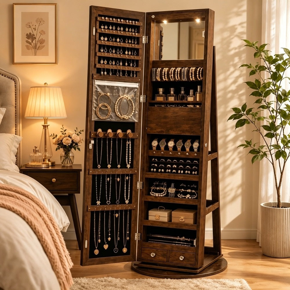 6 LED Jewelry Cabinet with Frameless Full-Length Mirror, 360° Swivel Lockable Organizer Standing Armoire, 3 Storage Shelves, Jewelry Armoires