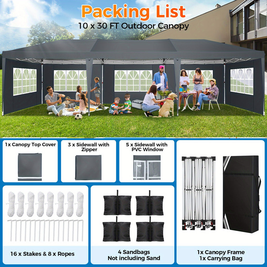 10x30ft/10x20ft Pop-up Canopy Tent, Canopy with 8 Removable Sidewalls, with Sandbags And Carry Bag, Three Adjustable Heights, Perfect for Patios, Lawns And Gardens, Event Parties, Market Stalls