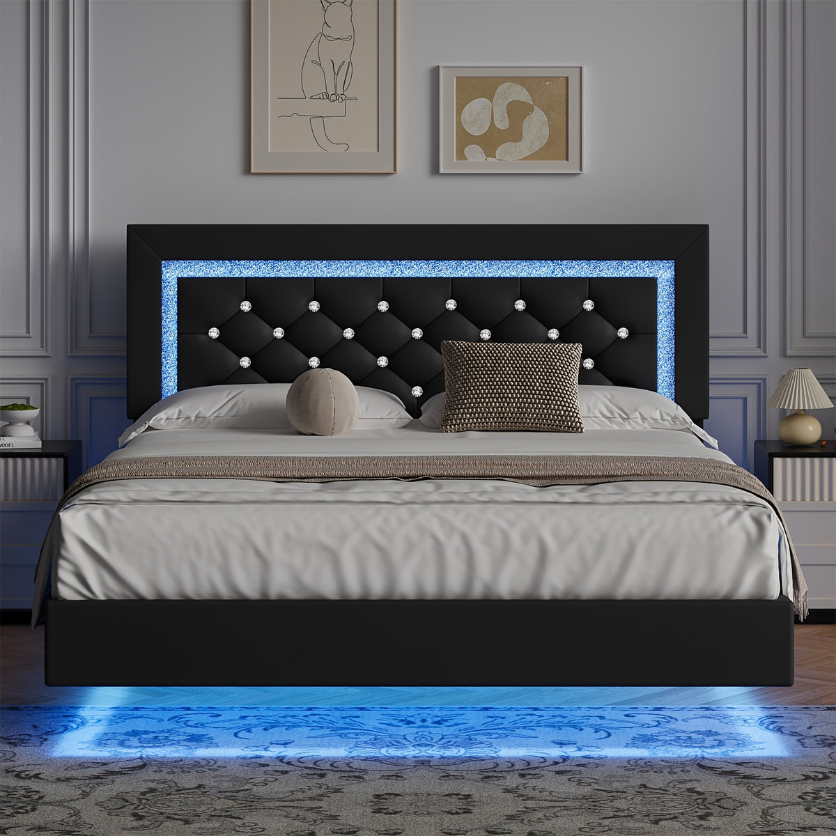 Twin Full Queen King Size Floating Black/White/Pink Bed Frame with LED Lights, Platform Bed with Diamond Tufted Headboard, Wood Bed Frame, Bed Frame Queen Size No Box Spring Needed, Noise Free, Easy Assembly, Black/White/Pink