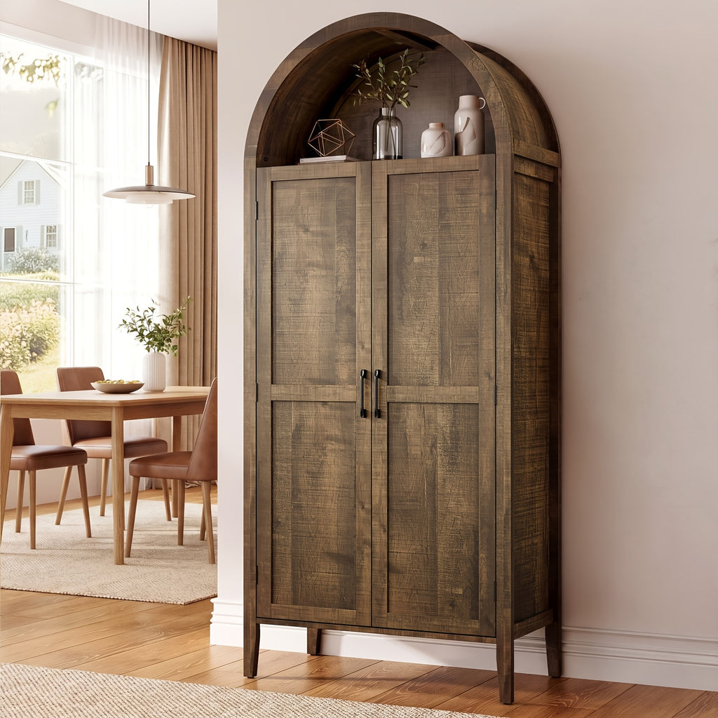 PAZCASA 71" Tall Arched Kitchen Pantry, Storage Cabinet with 2 Pull-Out Shelves, 6 Door Shelves, Organizer, Freestanding Modern Versatile Cupboard for Kitchen, Dining Room, Black/Natural