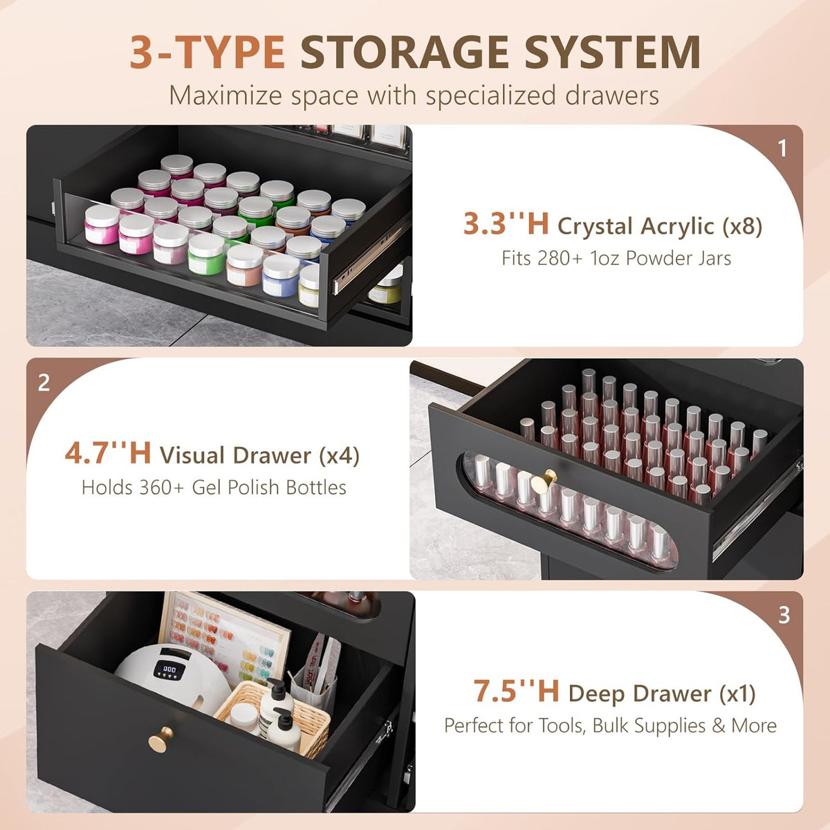 [Salon Organizer Cabinet] Nail Salon Organizer Cabinet, 32" L Floor Storage with 8 Clear & 4 Visual Drawers, Wooden Display for Polish & Powder, Beauty Salon Furniture