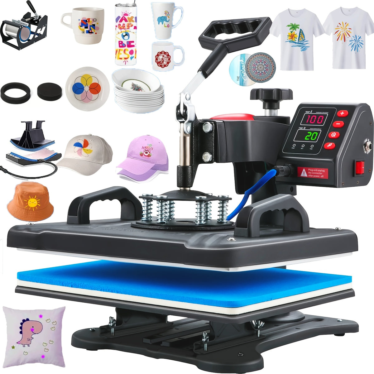 15"x15"/15"x12" - 8-in-1/ 5-in-1 Heat Press Machine Combo, Rotatable Design, Multi-Size Transfer Professional Sublimation Combination, Suitable for T-shirts, Bags, Pillows, Hats, Beanies, Roller - 3in 1 Auto Hat Press Can Only Press Hats