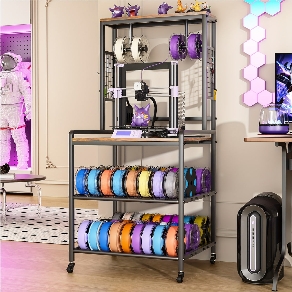 Printer Stand with Charging Station, Large 3D Printer Table with Filament Storage, Heavy Duty Rolling 3d Printing Stand Filament Organizer with 4-Tier Storage for Workshop/Office/Garage