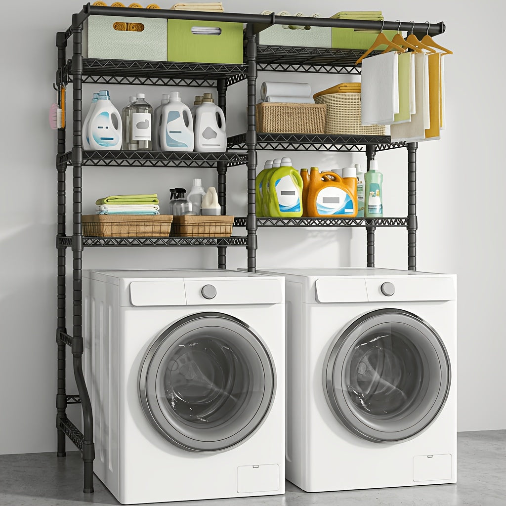 Heavy-Duty 6-Tier Freestanding Laundry Shelf Over Washer Dryer | Extra Wide Storage Organizer | 6 Adjustable Shelves + 2 Hanging Rods | 1200lbs Capacity | 57.8"W X 77.4"H, Black, Standing Shelf